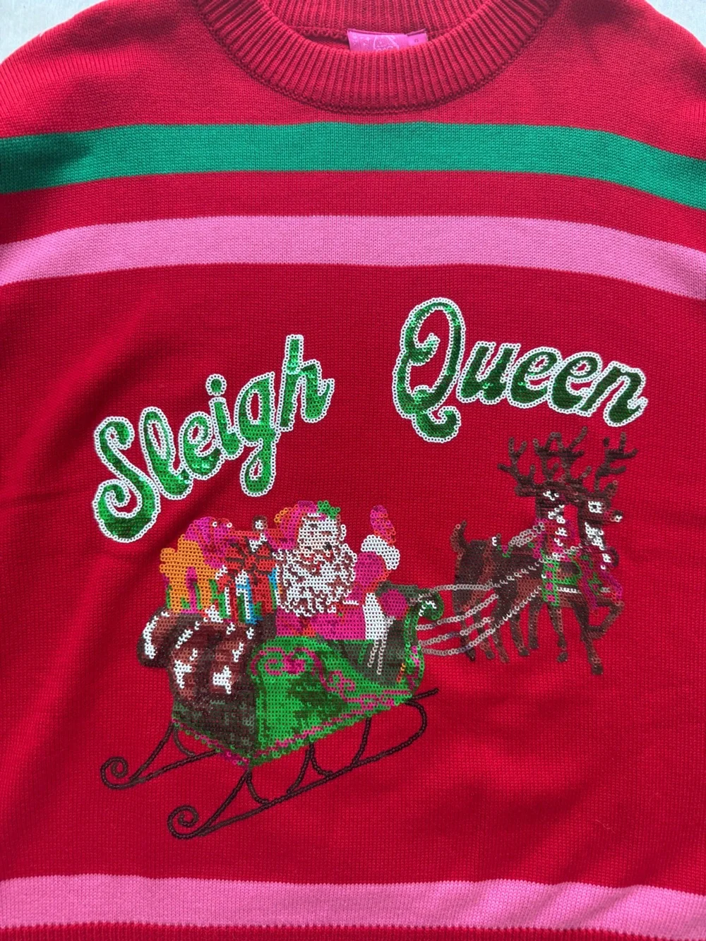 QUEEN OF SPARKLES NWT Red Green Pink Striped Sequin 'Sleigh Queen' Sweater S
